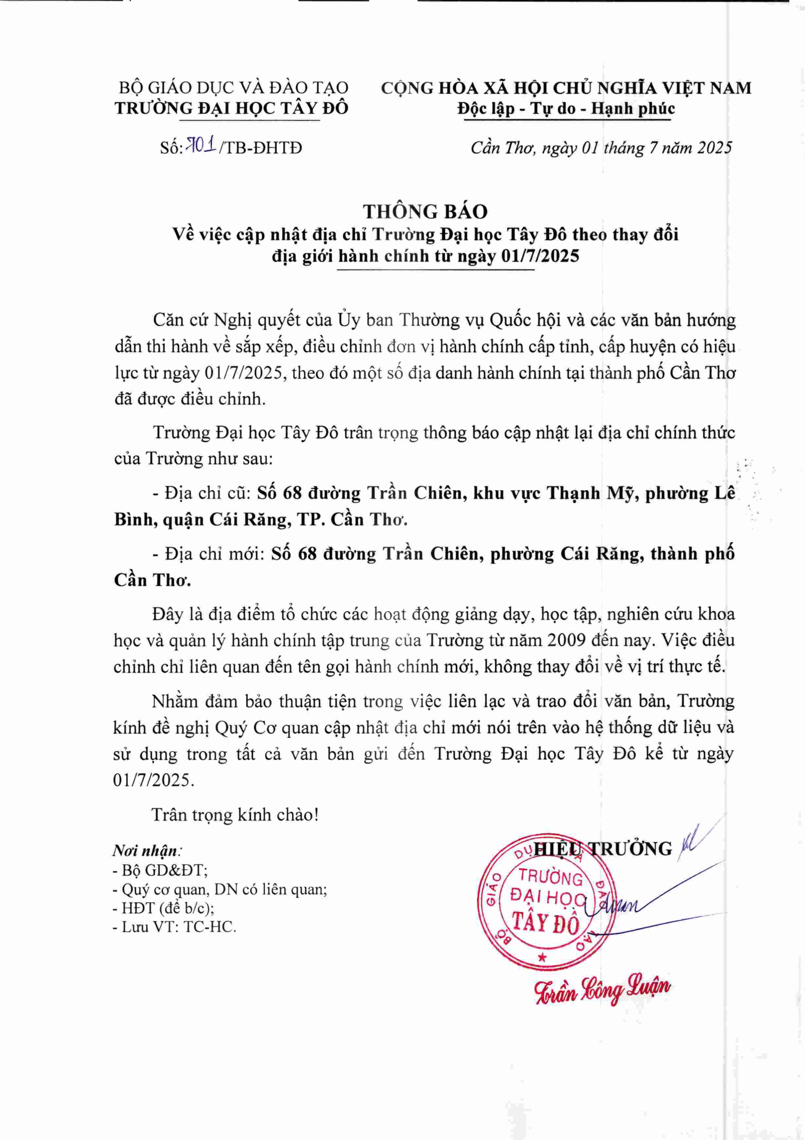 TB so 701  VV cap nhat dia chi Truong DH Tay Do theo thay doi dia gioi hanh chinh tu ngay 01.7.25-1.png