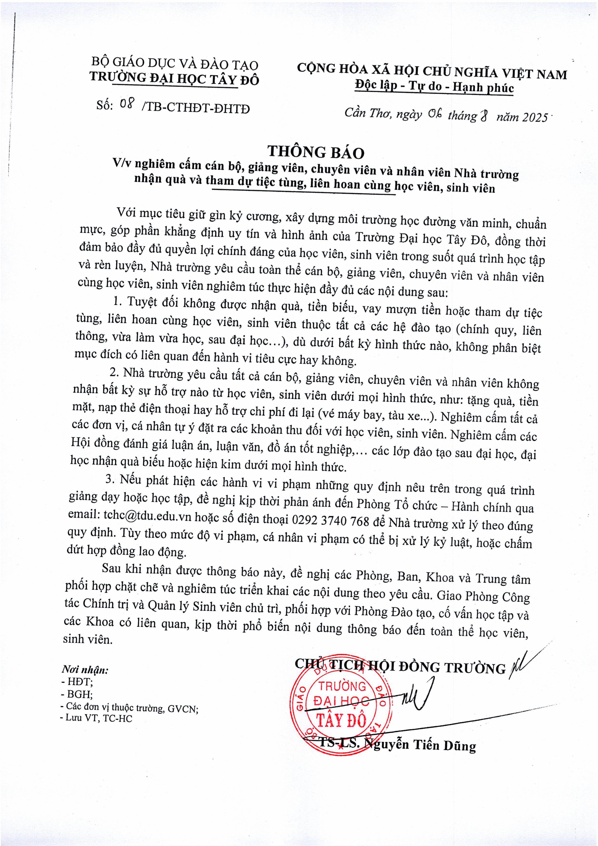 TB so 08 cua HDT Vv nghiem cam CBGVCV&NV Nha truong nhan qua va tham du tiec tung, lien hoan cung hoc vien, sinh vien.jpg