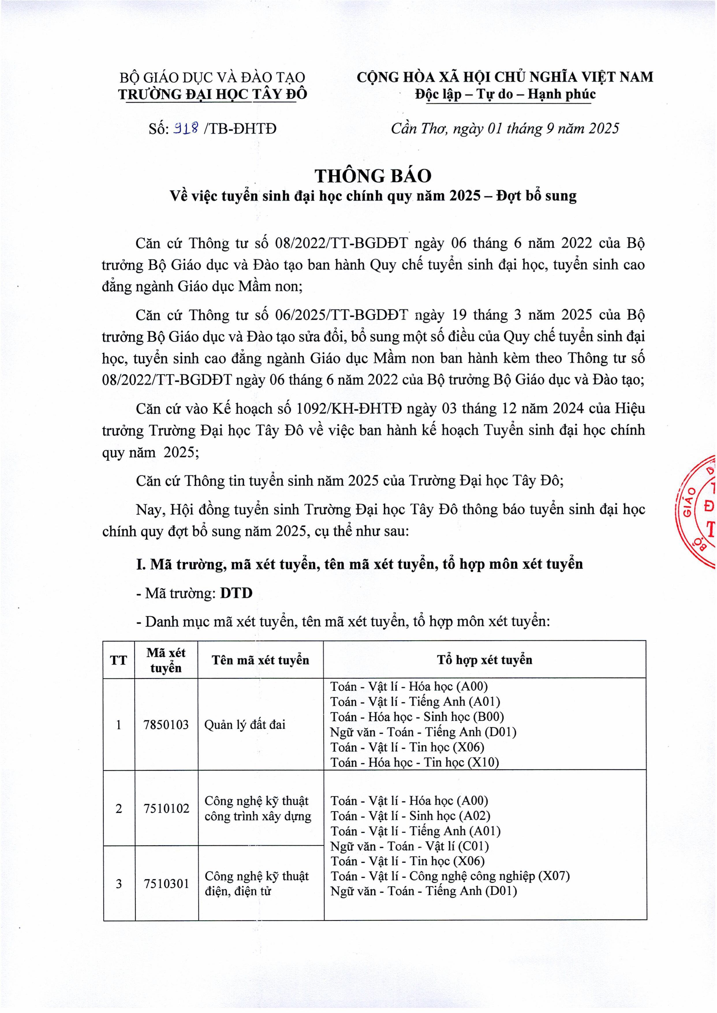 TB số 918 TB-ĐHTĐ ngày 01.9.2025 về tuyển sinh đại học chính quy năm 2025 - đợt bổ sung_page-0001.jpg