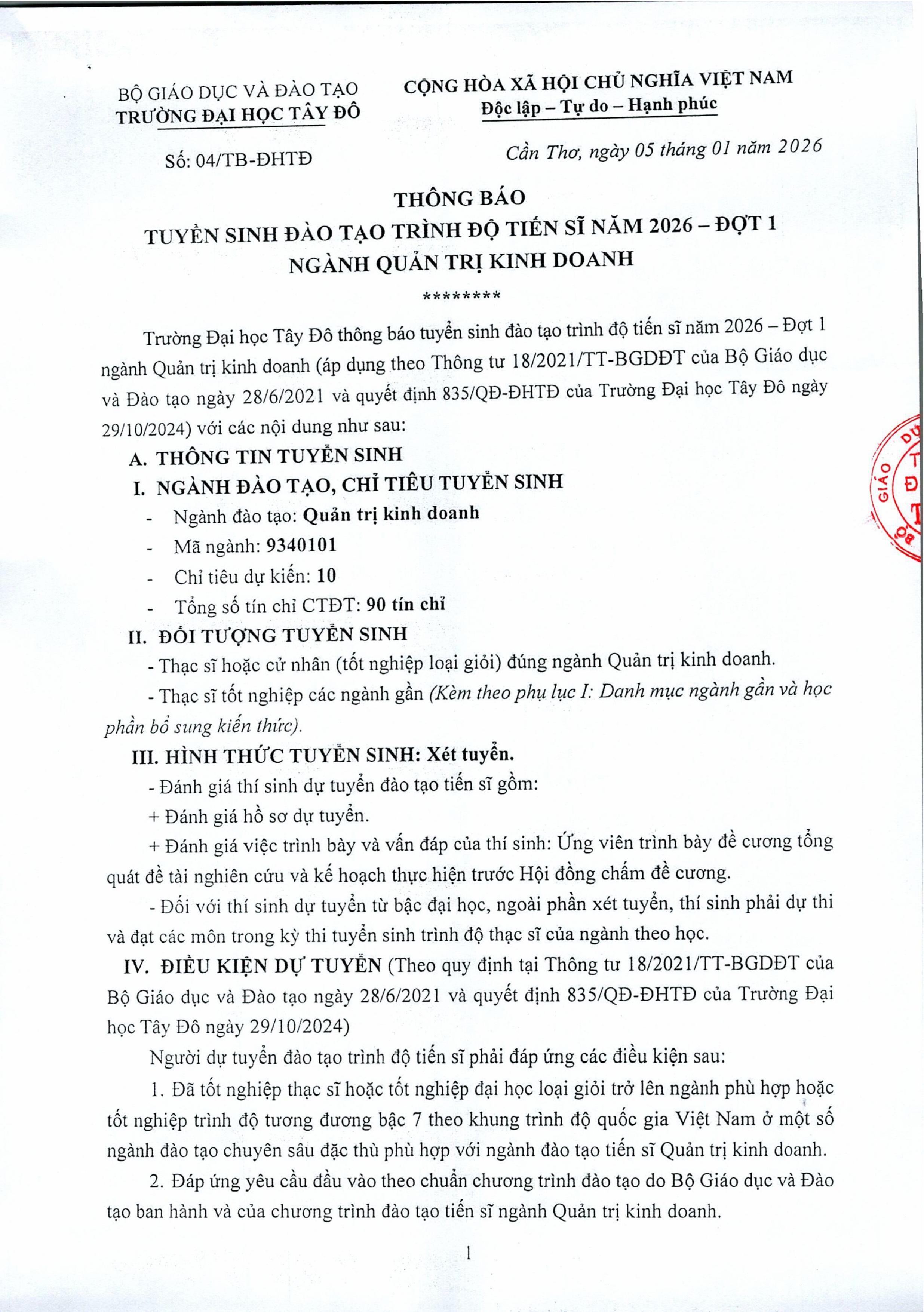 Thông báo Số 04/TB-ĐHTĐ ngày 05 tháng 01 năm 2026 Tuyển sinh đào tạo trình độ Tiến sĩ năm 2026 - Đợt 1 Ngành Quản trị kinh doanh